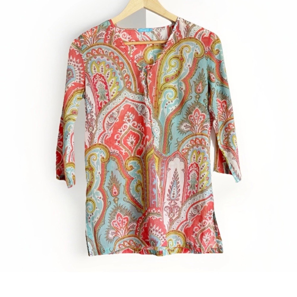 J. McLaughlin Colorful Paisley Top Women’s XS 3/4 Sleeve Summer Casual Resort